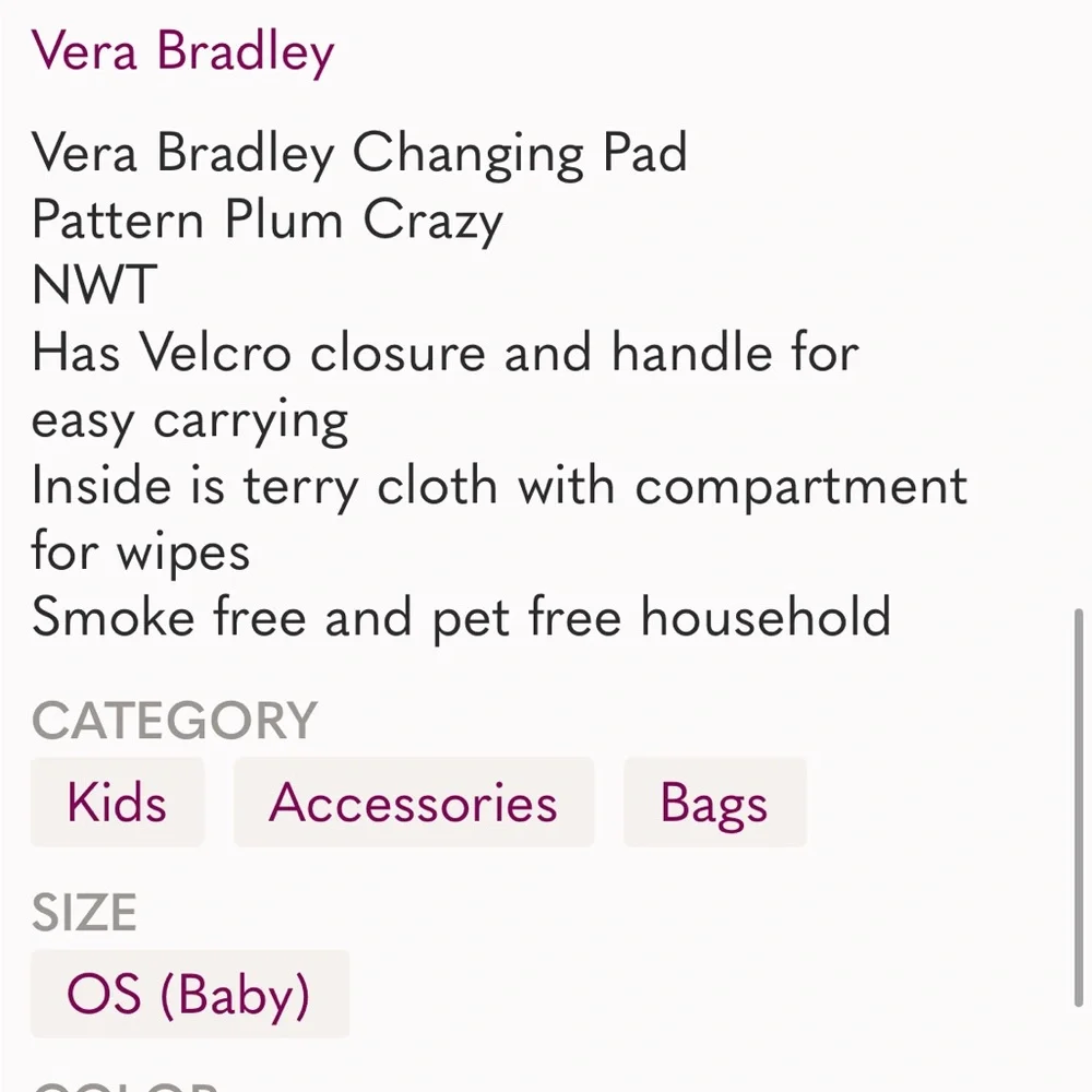 Vera Bradley changing pad-retired pattern plum crazy NWOT, never used
